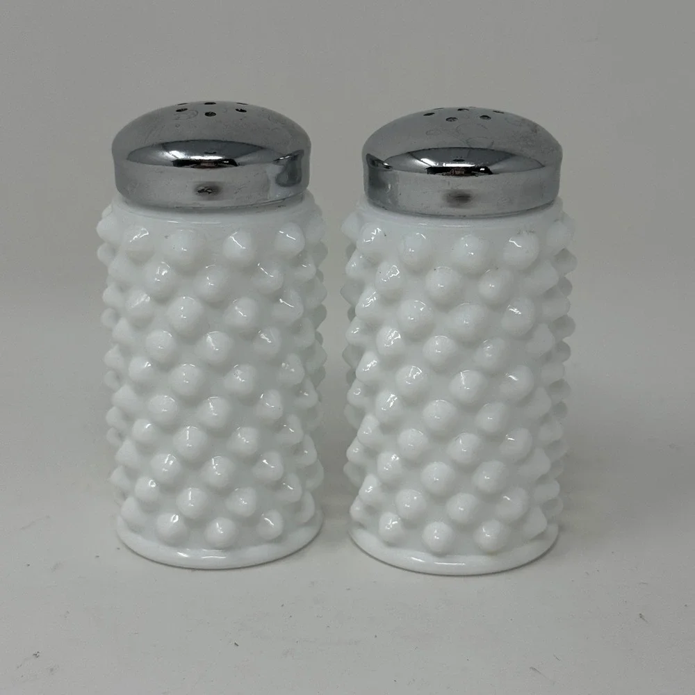 Vintage White Milk Glass Hobnail Salt & Pepper Shakers Chrome Tops Set
